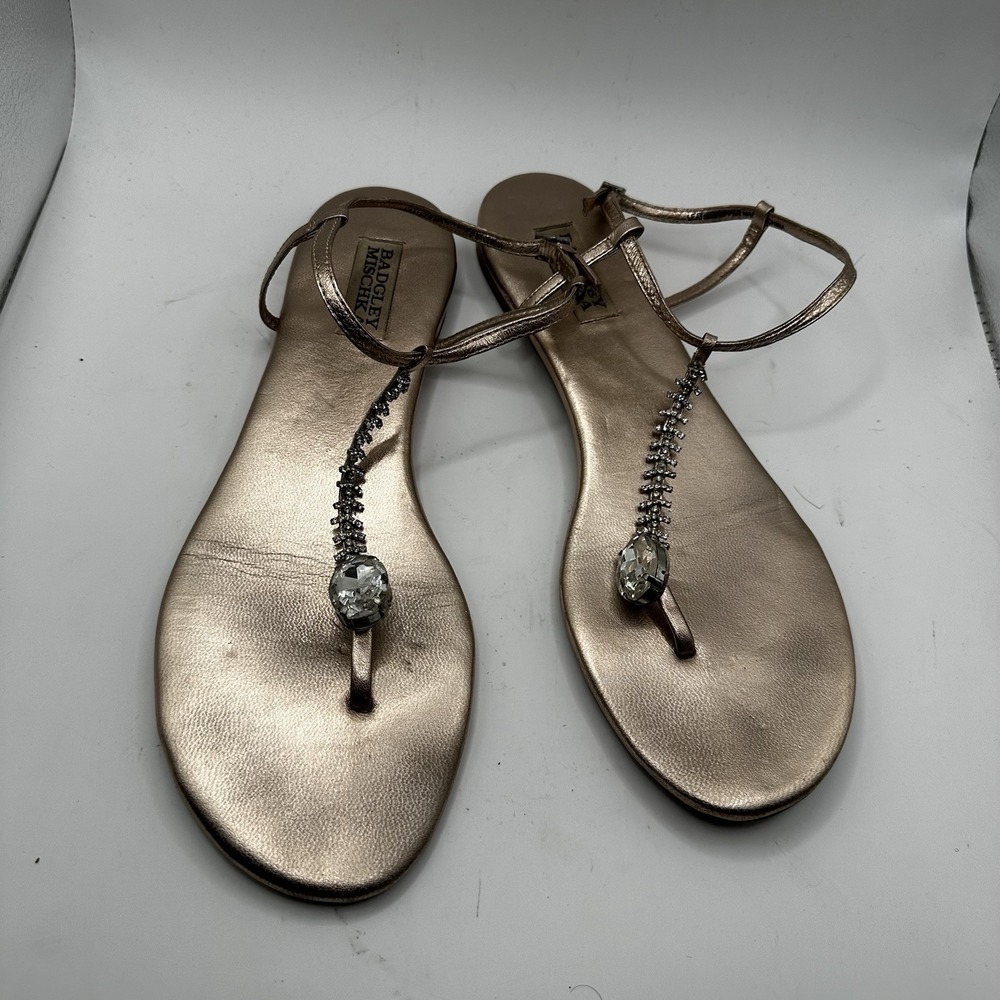 Badgley Mishka T-strap Rhinestone Flat Sandals Bling Rose Gold Leather Sole 9M